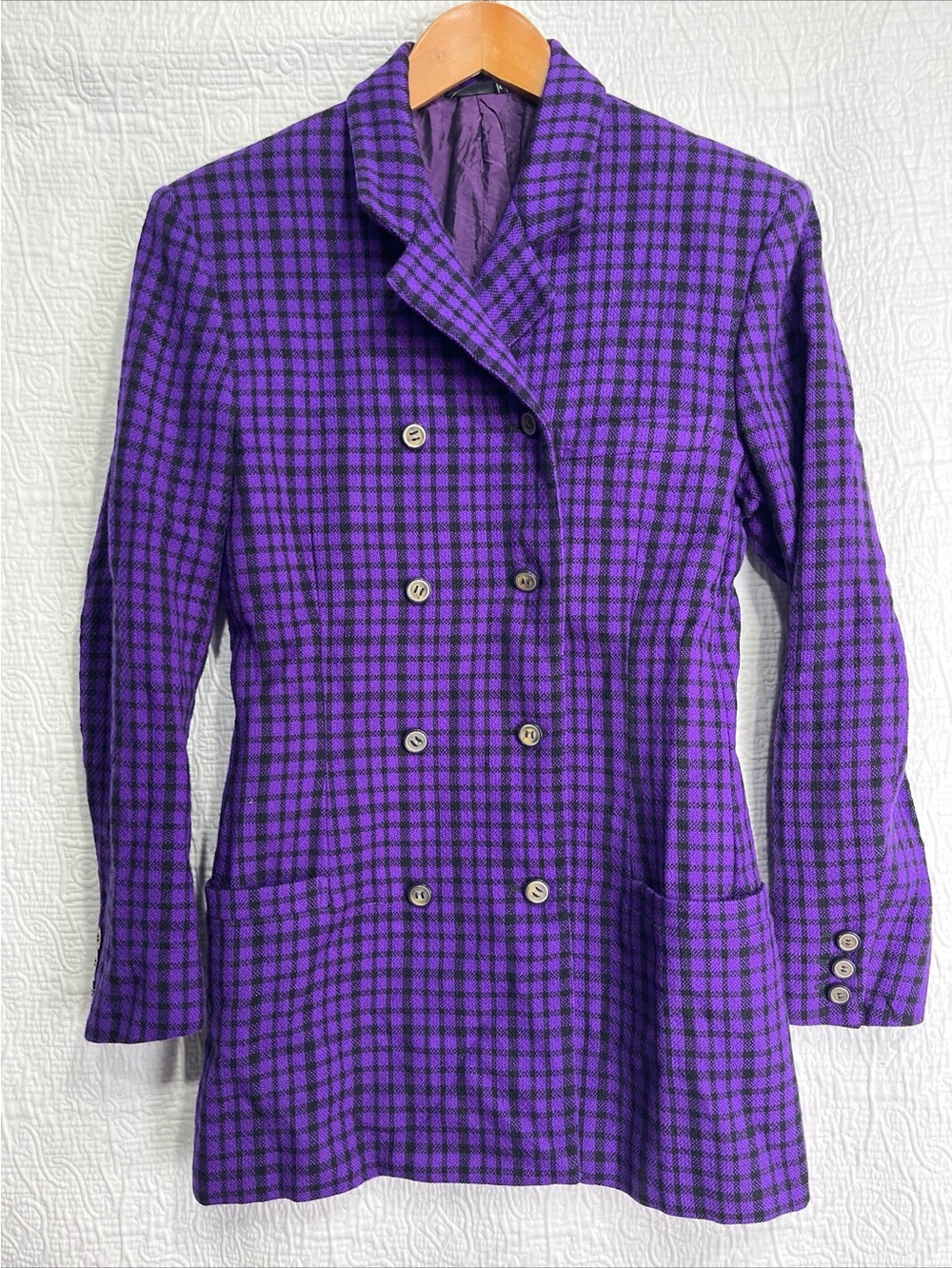 Gianni Versace Purple Check Wool Jacket Blazer Coat Sz 40 Double Breasted Italy
